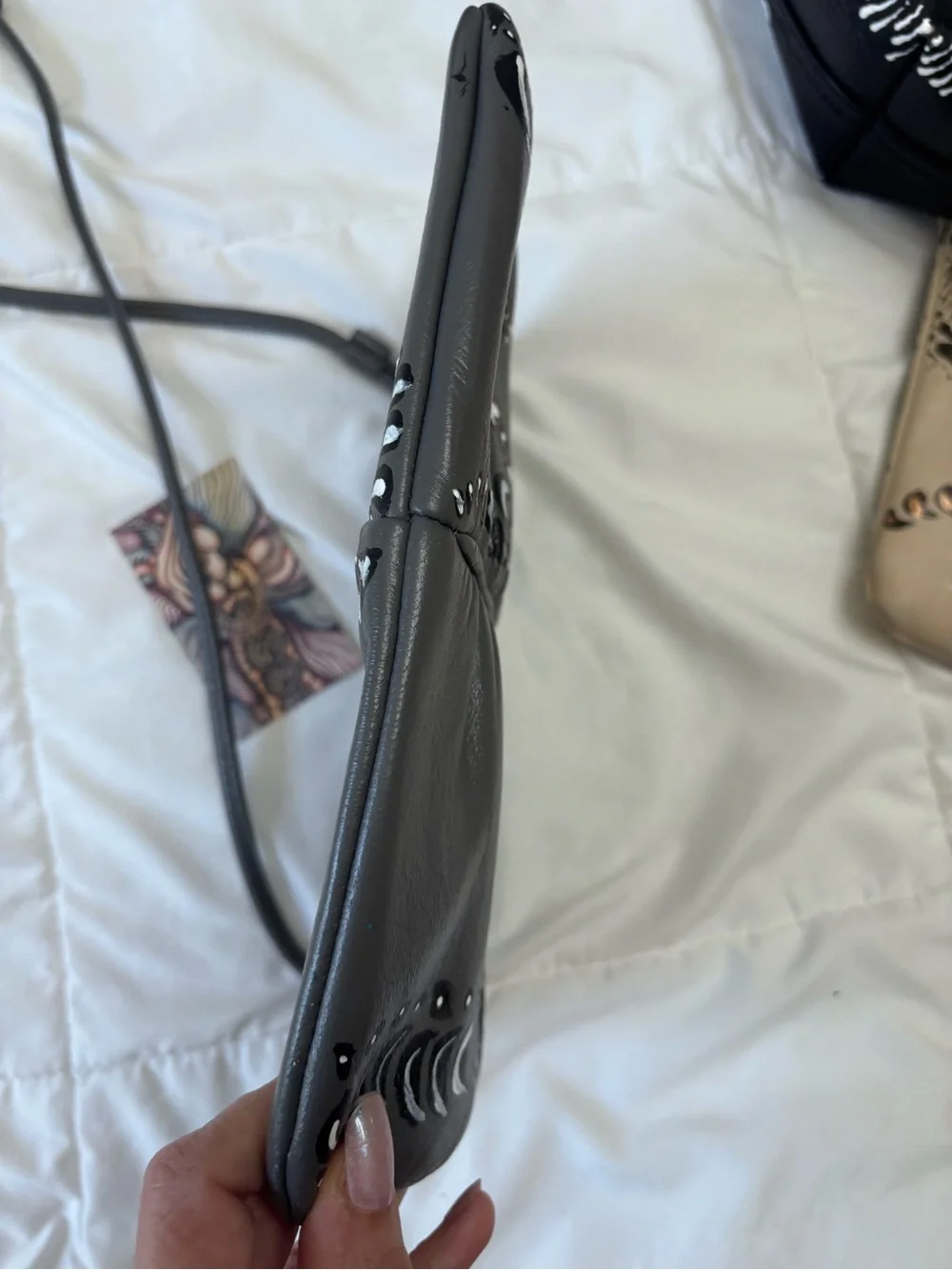 Hand-Painted Grey Leather Crossbody Bag